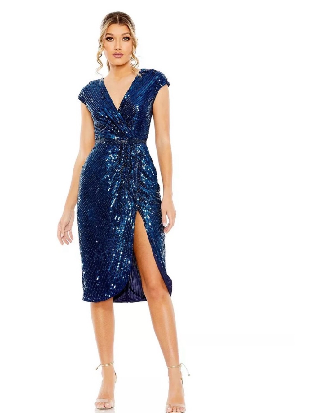Mac Duggal Navy Blue Sequin Wrap V-Neck Dress